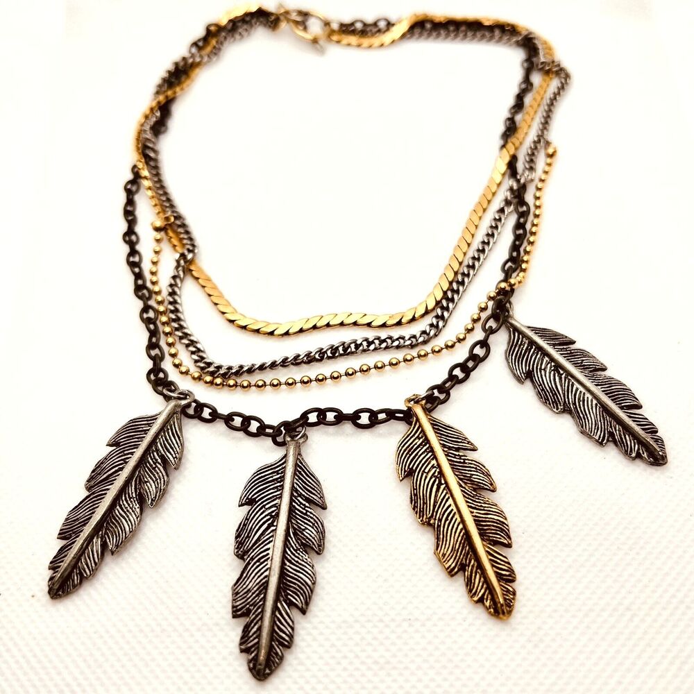 Layered Chain Choker Necklace with Dangling Pewter Leave Charms 16" Length